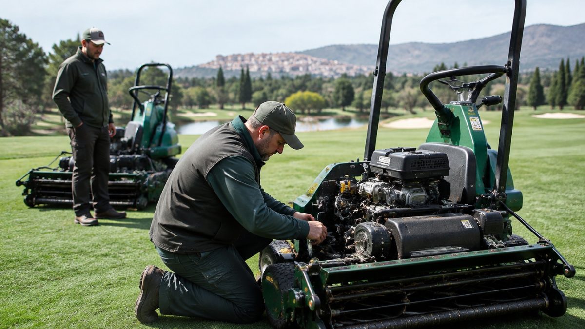 Mechanic checking cutting machinery within a greenkeeping team