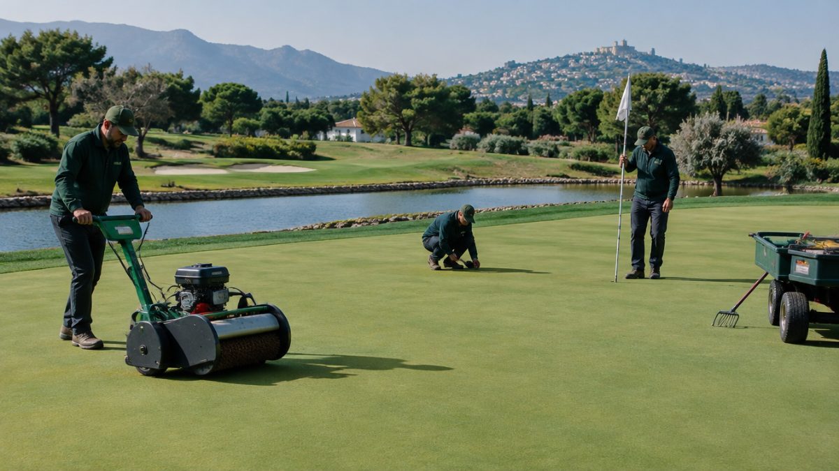Operators from a greenkeeping team working on a green