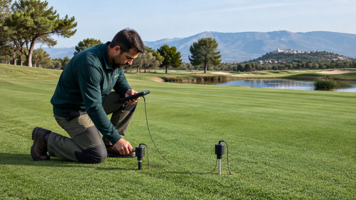 Greenkeeper checking soil moisture sensors on the fairway