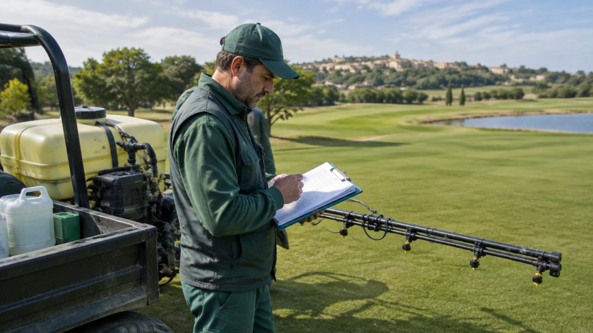 Applicator checking the pesticide application records before spraying