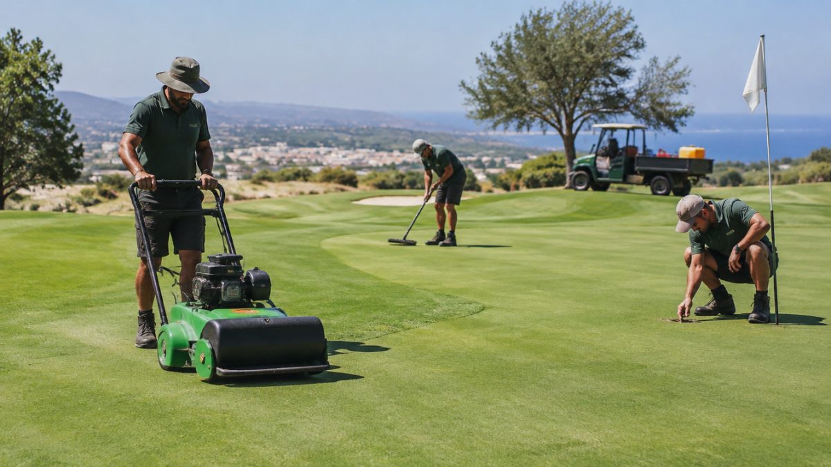 Team carrying out the greenkeeper tasks in June in the heat