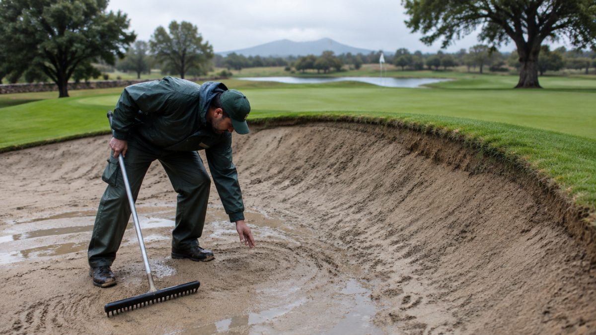 Greenkeeper checking the bunker sand after rain