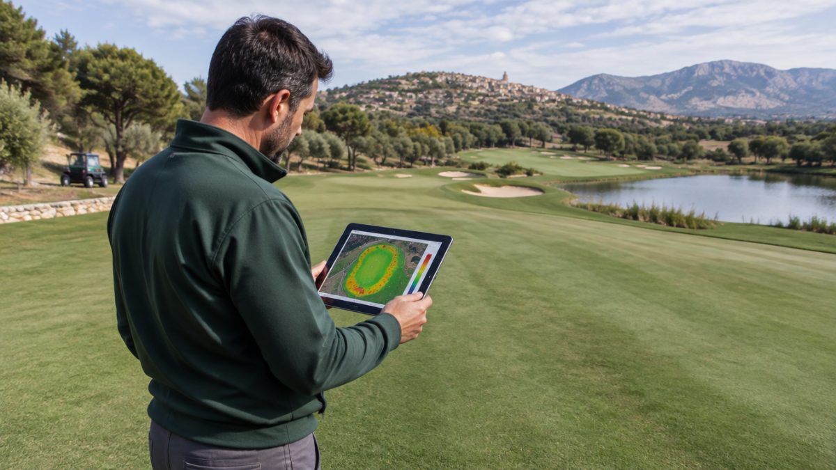 Greenkeeper checking an NDVI turf map on the course