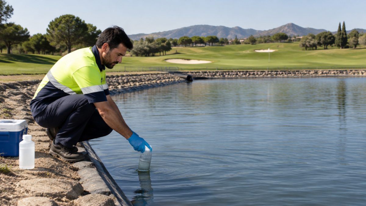Technician taking a sample of reclaimed water from the course reservoir