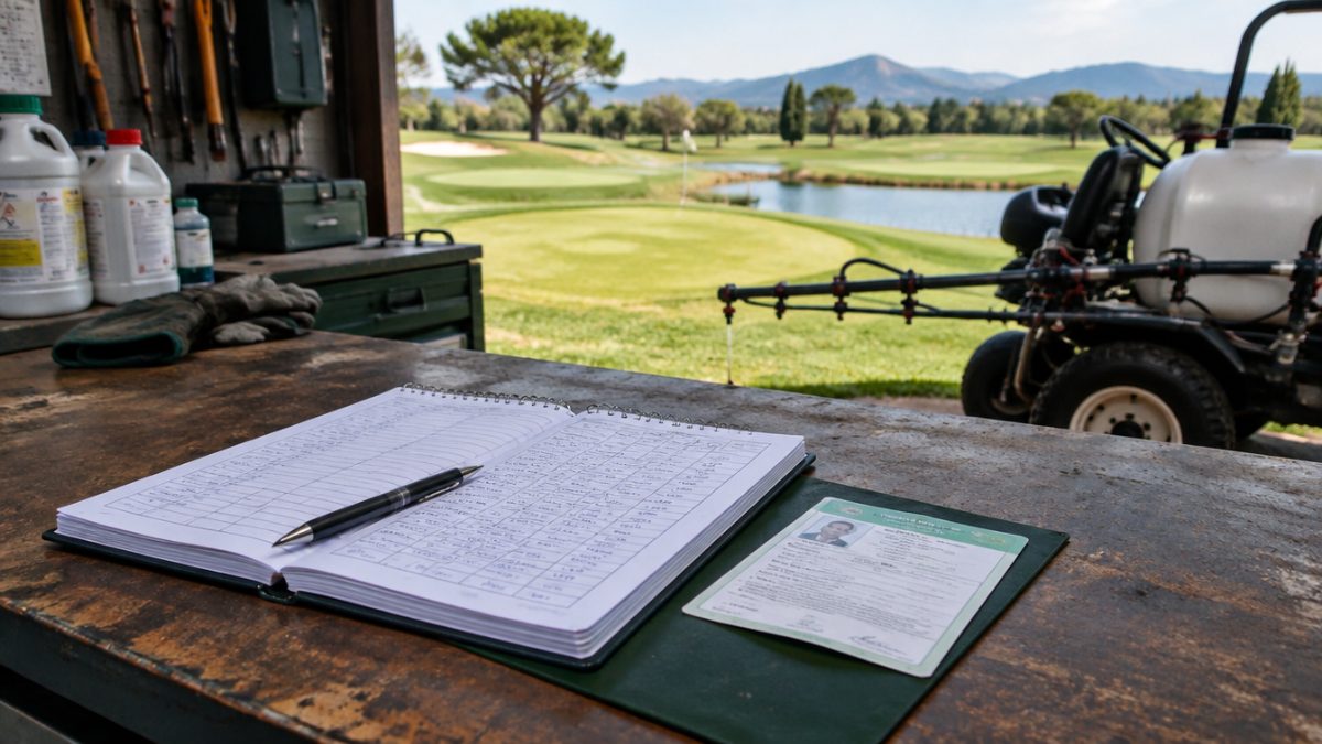 Treatment logbook and pesticide applicator licence on the workshop table