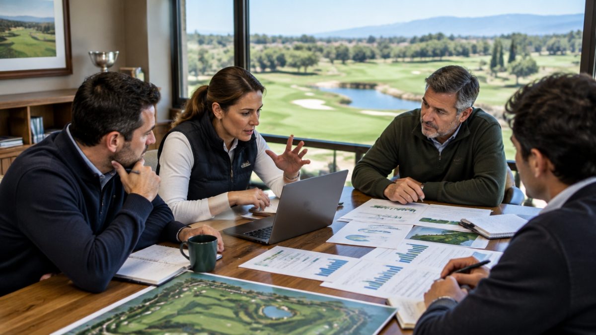 Team meeting to analyse the golf course maintenance KPIs