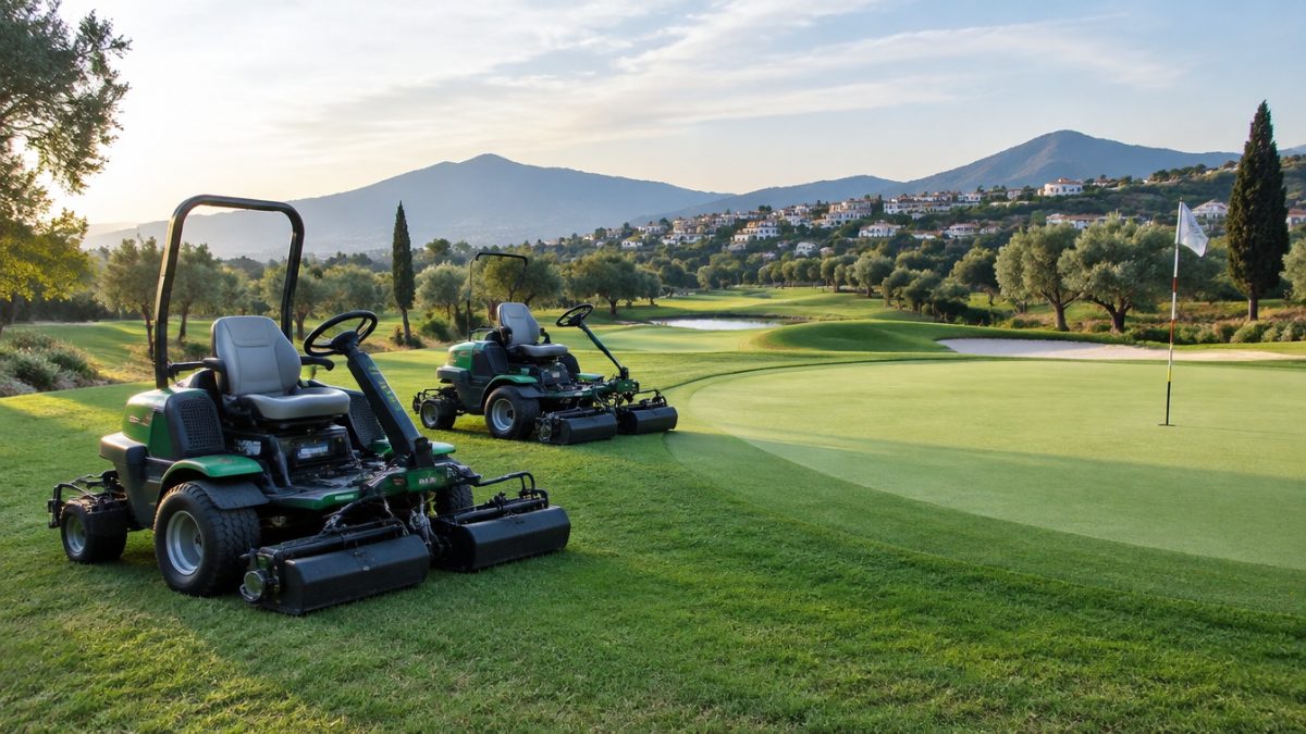 Greens mowers parked next to a freshly cut green