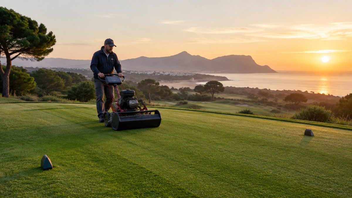 Reel mower working on the tee boxes at dawn