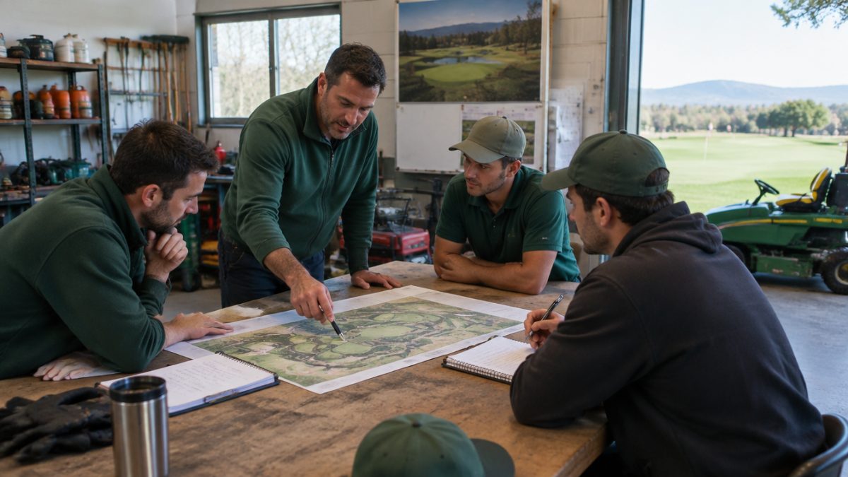 Crew planning the greenkeeper tasks in September in the workshop