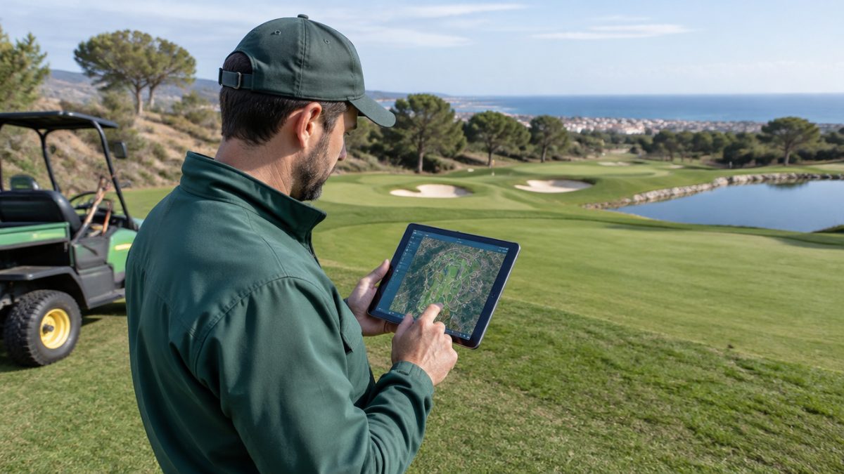 Greenkeeper consulting GIS maps for golf courses on a tablet