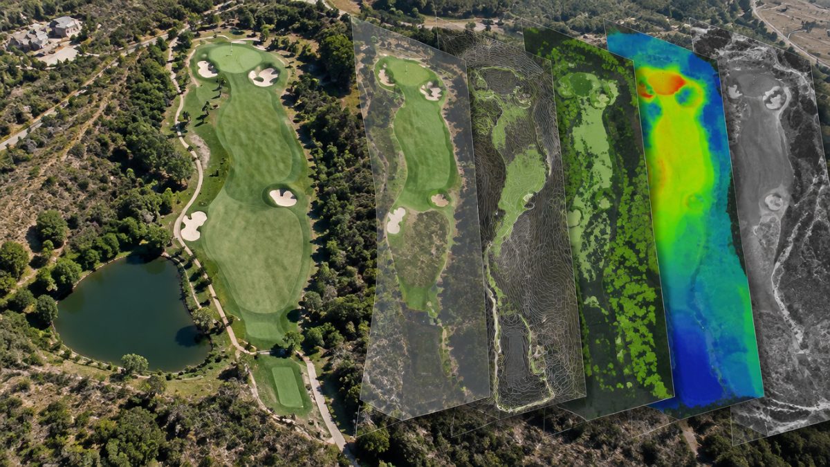 Orthophoto of a hole with the layers of GIS maps for golf courses