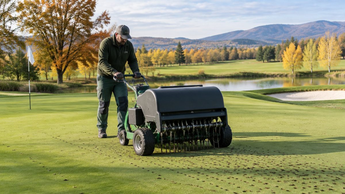 Autumn green aeration as part of the greenkeeper tasks in October