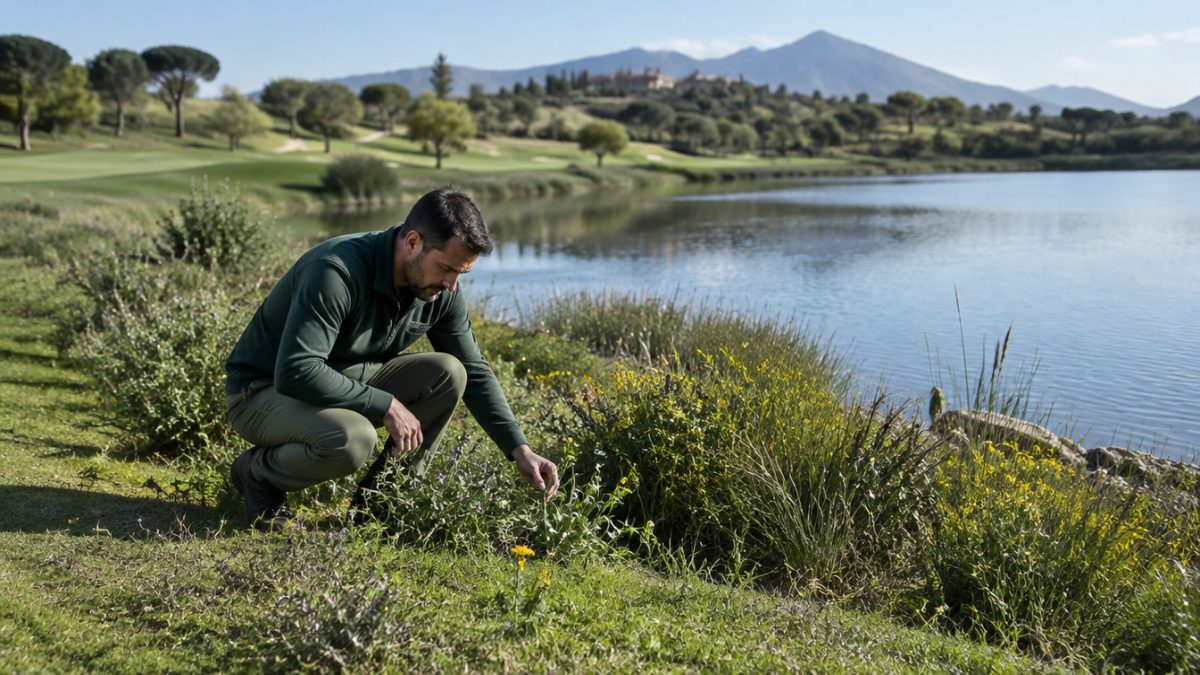 Greenkeeper checking naturalised areas in golf next to a lake