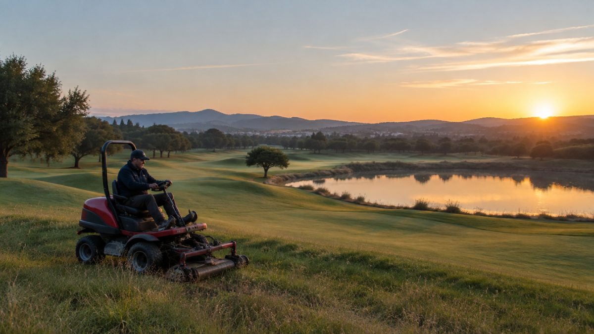 Segadora trabajando en el rough de golf al amanecer