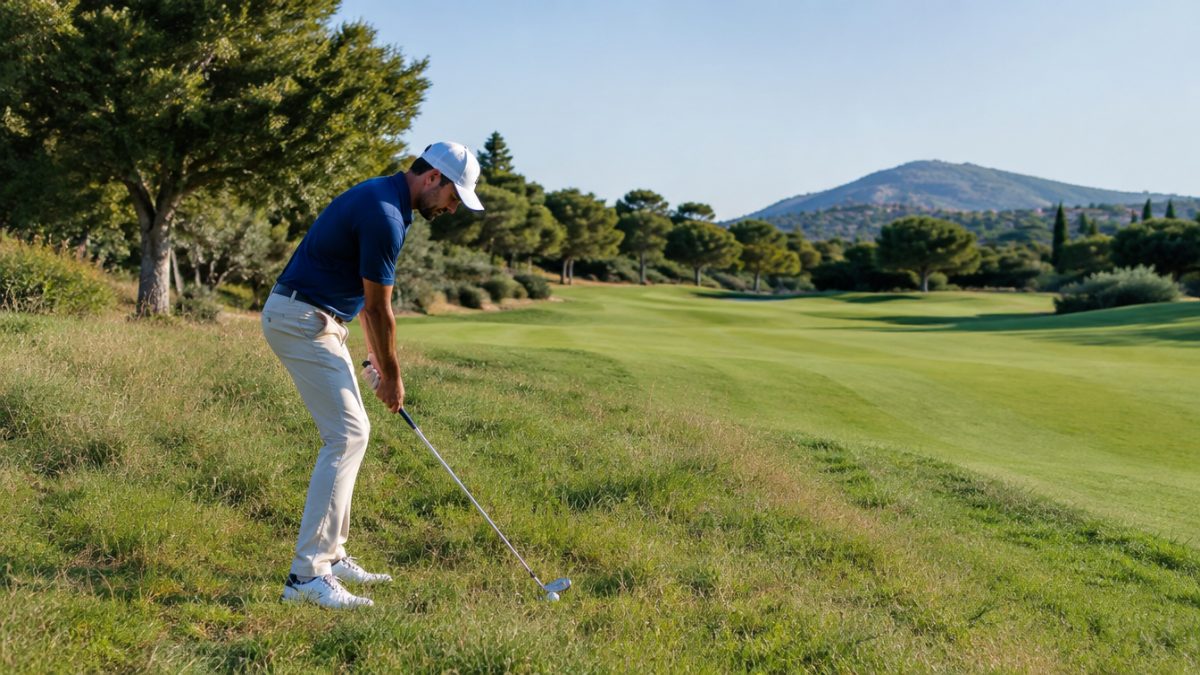 Transición entre calle y rough de golf en un campo mediterráneo