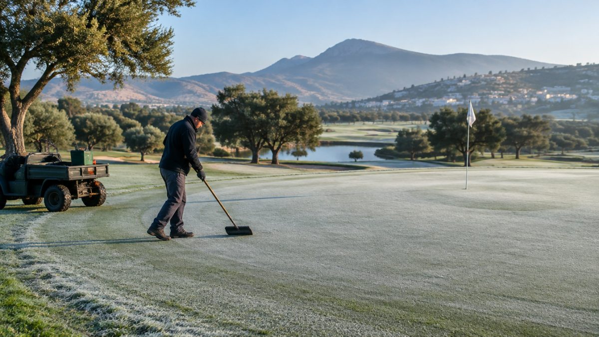 Green con escarcha y tareas del greenkeeper en noviembre
