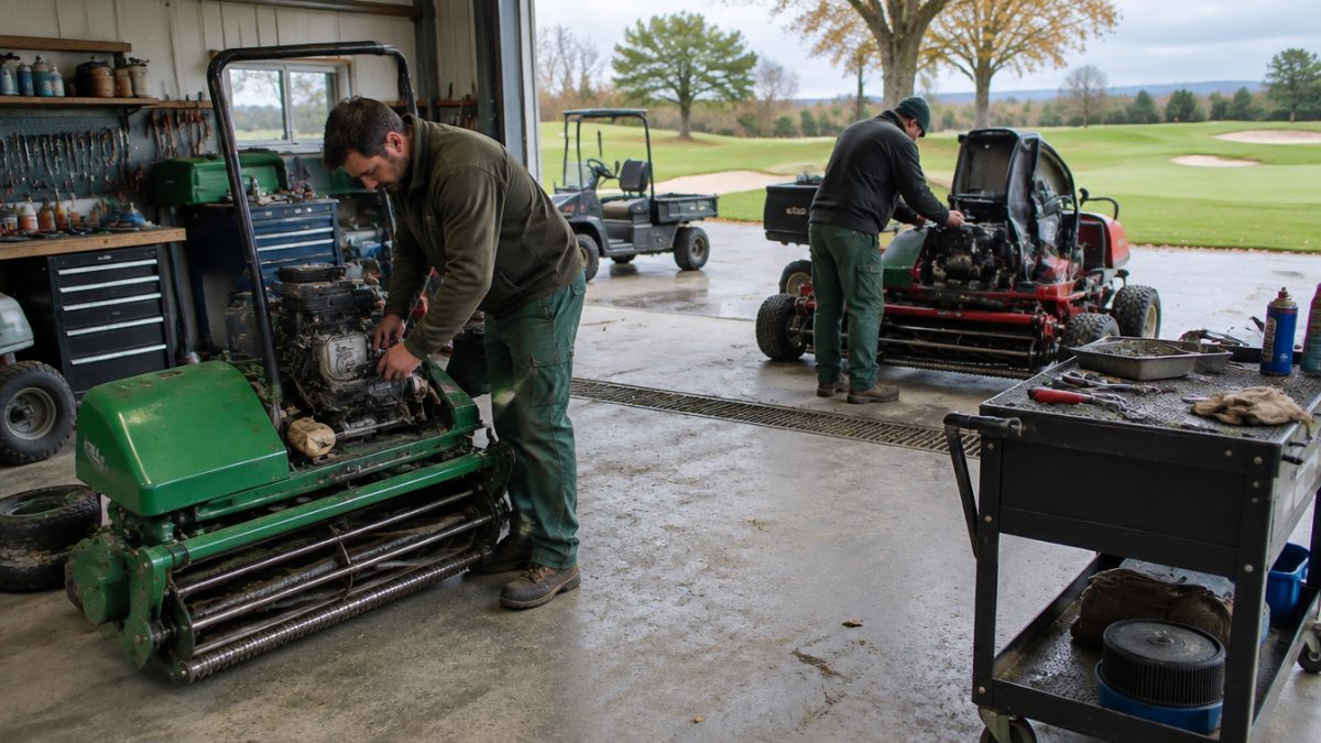 Taller de maquinaria durante las tareas del greenkeeper en noviembre