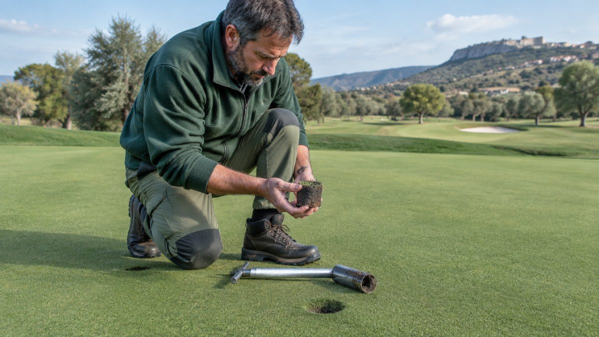 Greenkeeper revisando Poa annua en greens con un testigo de suelo