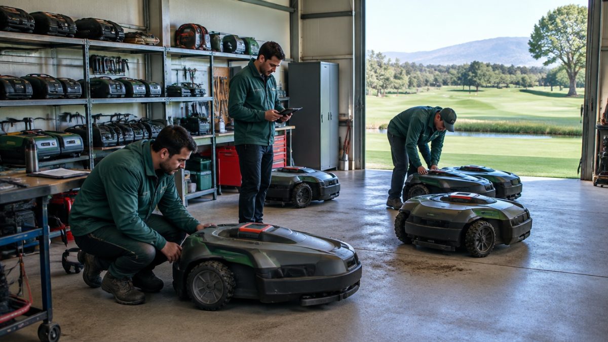 Maintenance team checking robotic mowers in golf in the shed