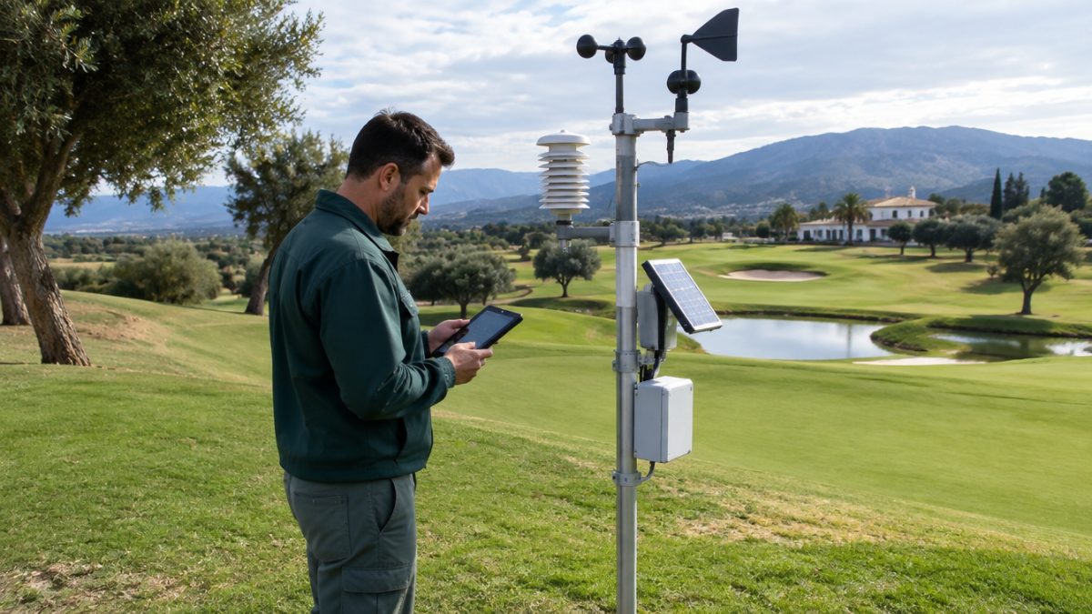 Greenkeeper checking data from the golf course weather station