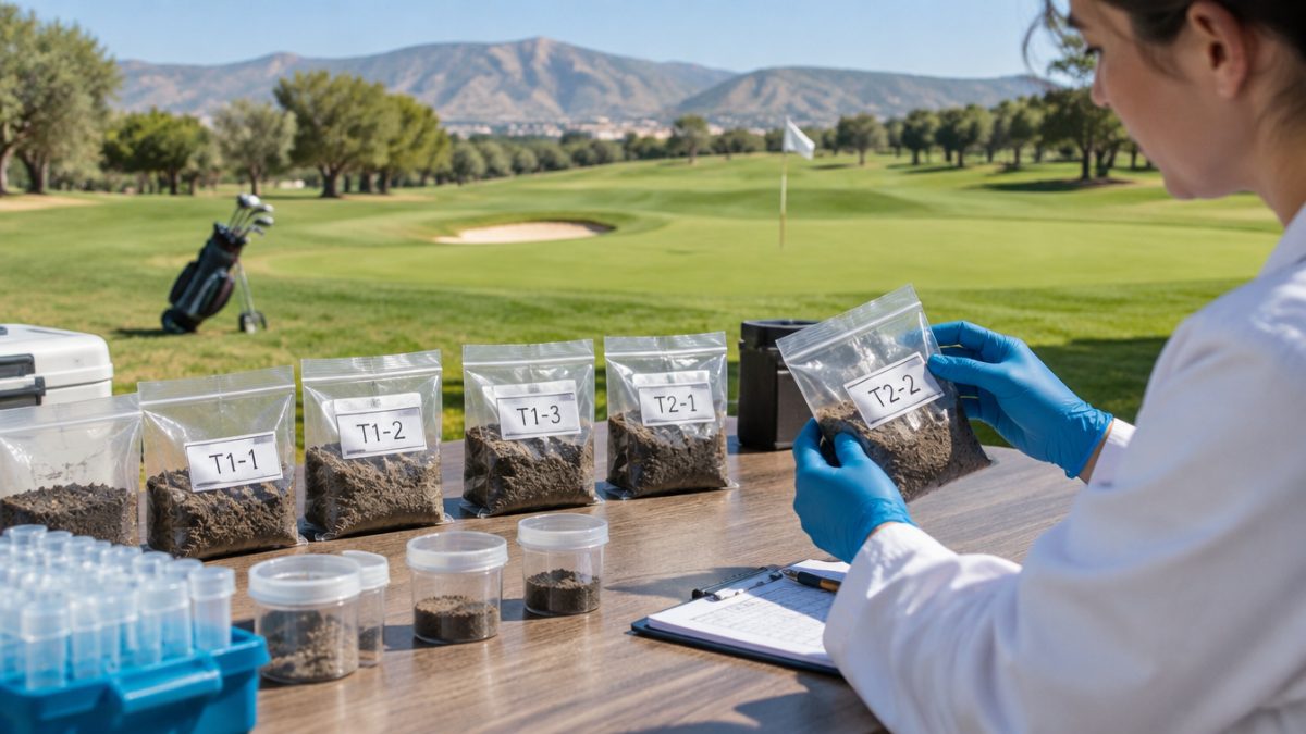 Muestras etiquetadas para un análisis de suelo en golf en laboratorio