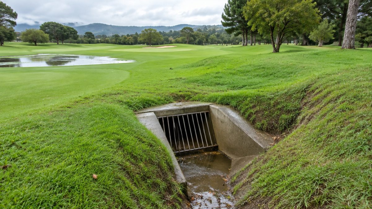 Arqueta limpia en el drenaje de campos de golf tras una tormenta