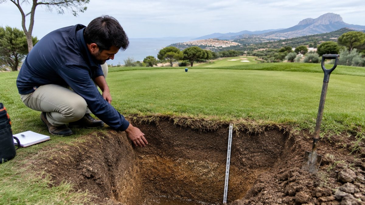 Calicata para diagnosticar el drenaje de campos de golf en un tee