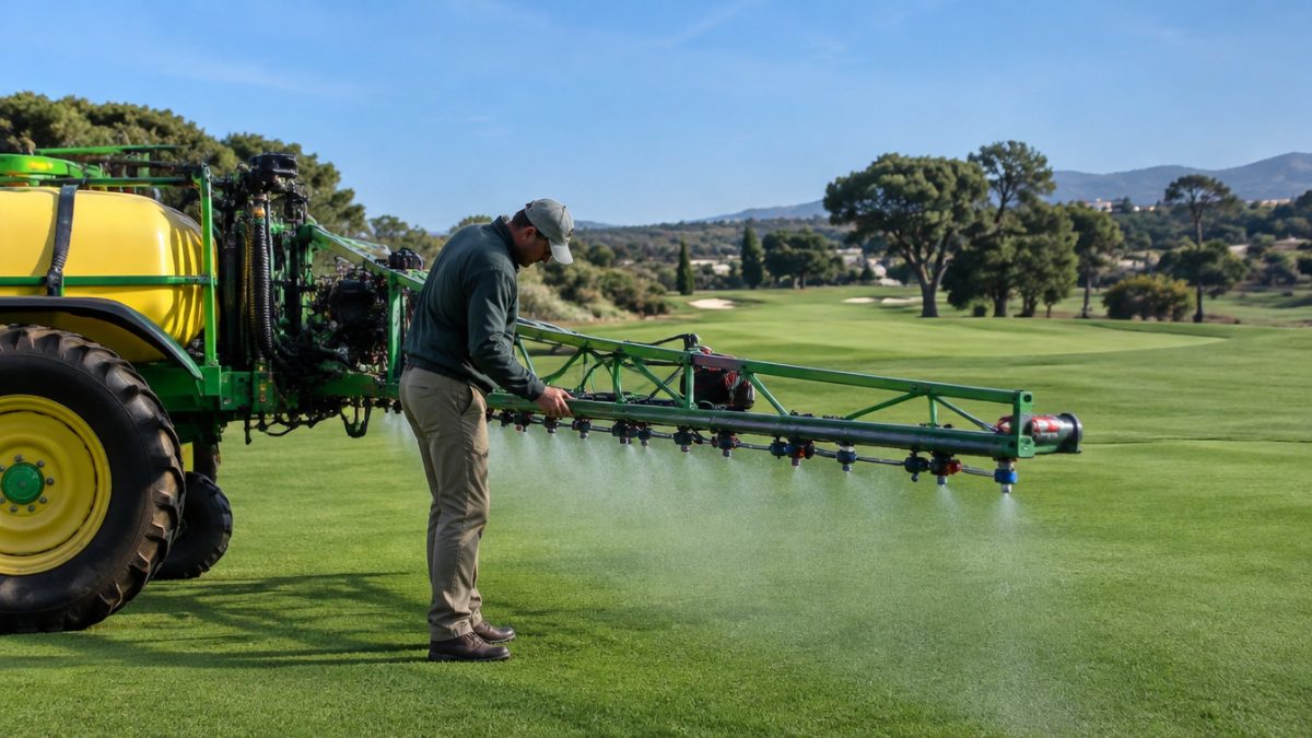 Revisión de la barra durante el calibrado de pulverizadora del campo de golf