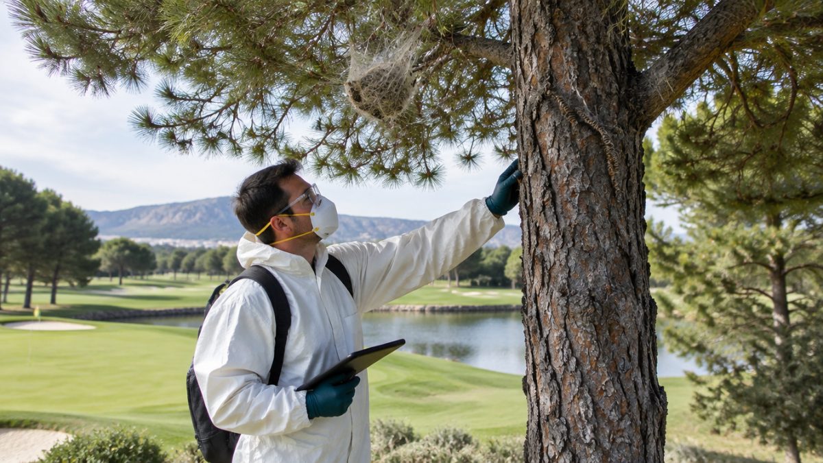 Greenkeeper con protección inspeccionando un pino por procesionaria del pino en golf
