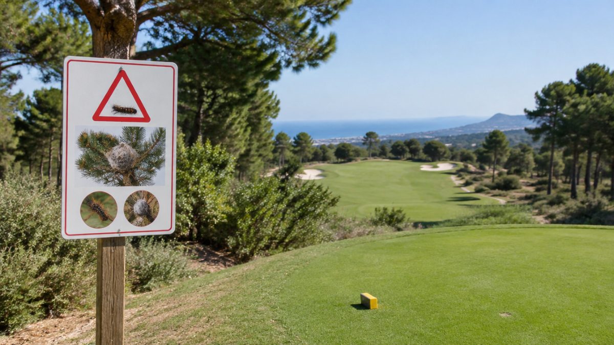 Señal de aviso por procesionaria del pino en golf en una zona de salida