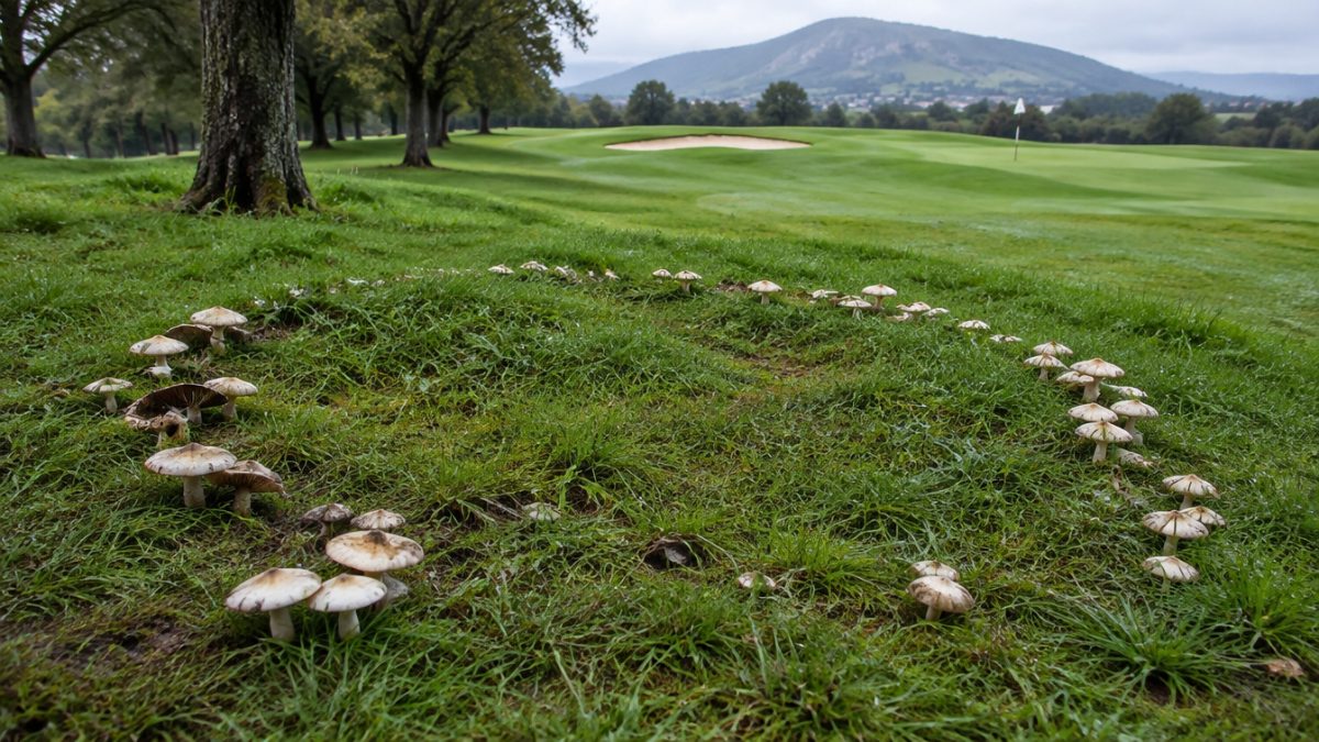 Setas en forma de círculos de hadas tras la lluvia en el rough