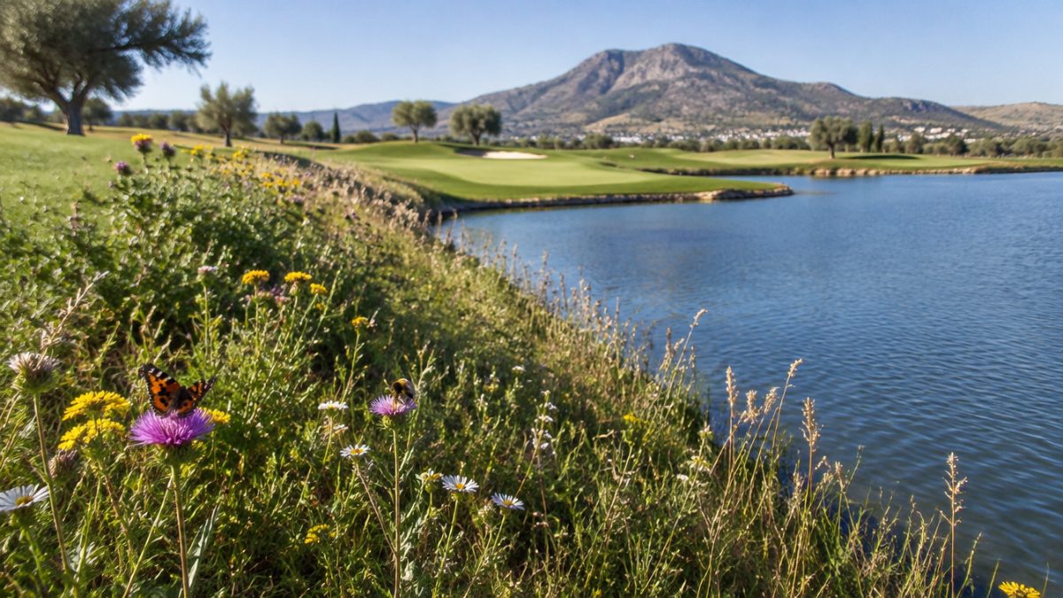 Talud sin segar que ayuda a los polinizadores en golf junto a un lago