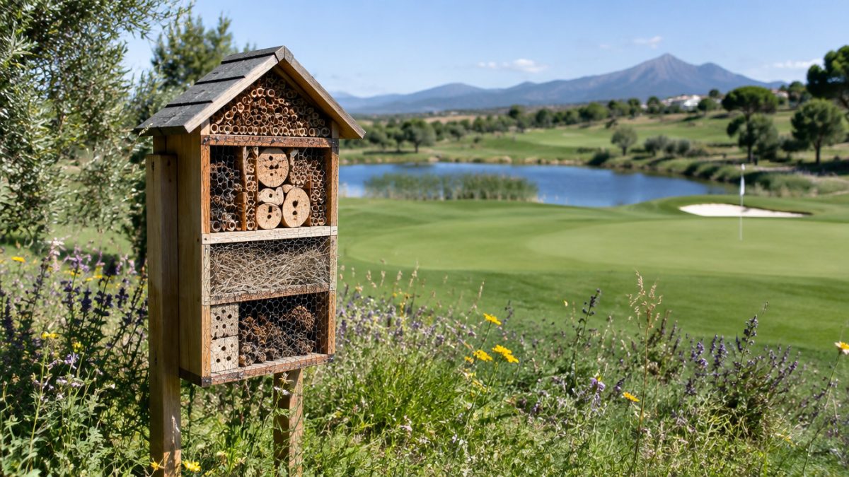 Hotel de insectos en el campo para polinizadores en golf