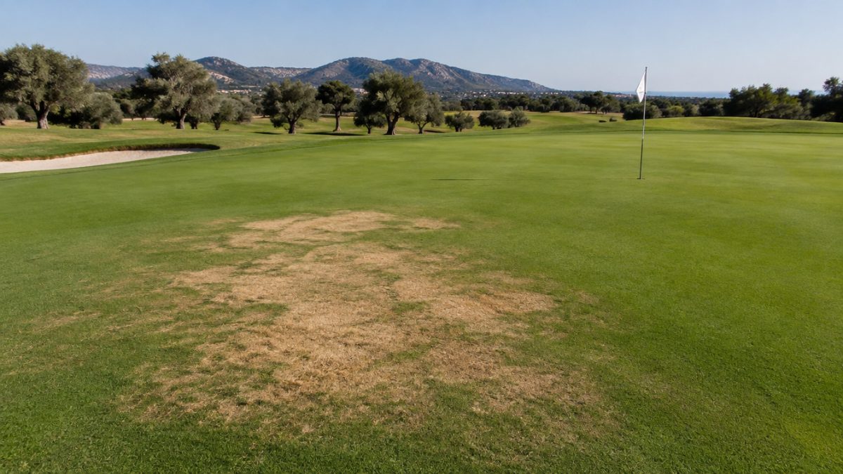 Dry patch on a green caused by poor irrigation uniformity
