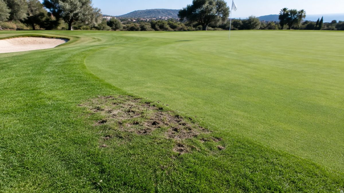 Mancha de daño por orugas del césped en el collar de un green