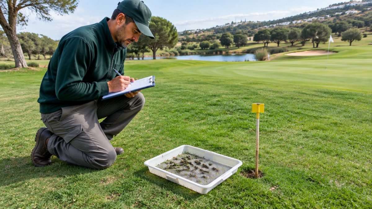 Greenkeeper anotando el recuento de orugas del césped en un punto de control