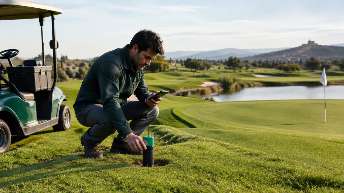 Greenkeeper checking IoT sensors in golf during a course round
