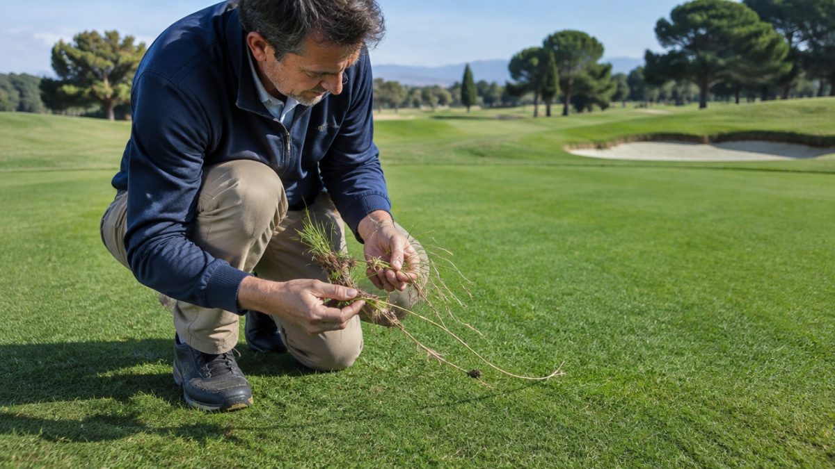 Muestra de paspalum en golf con estolones durante una revisión del tapiz