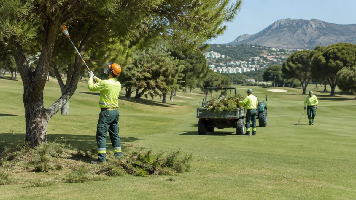 Equipo de mantenimiento aplicando la gestión del arbolado en golf en una calle