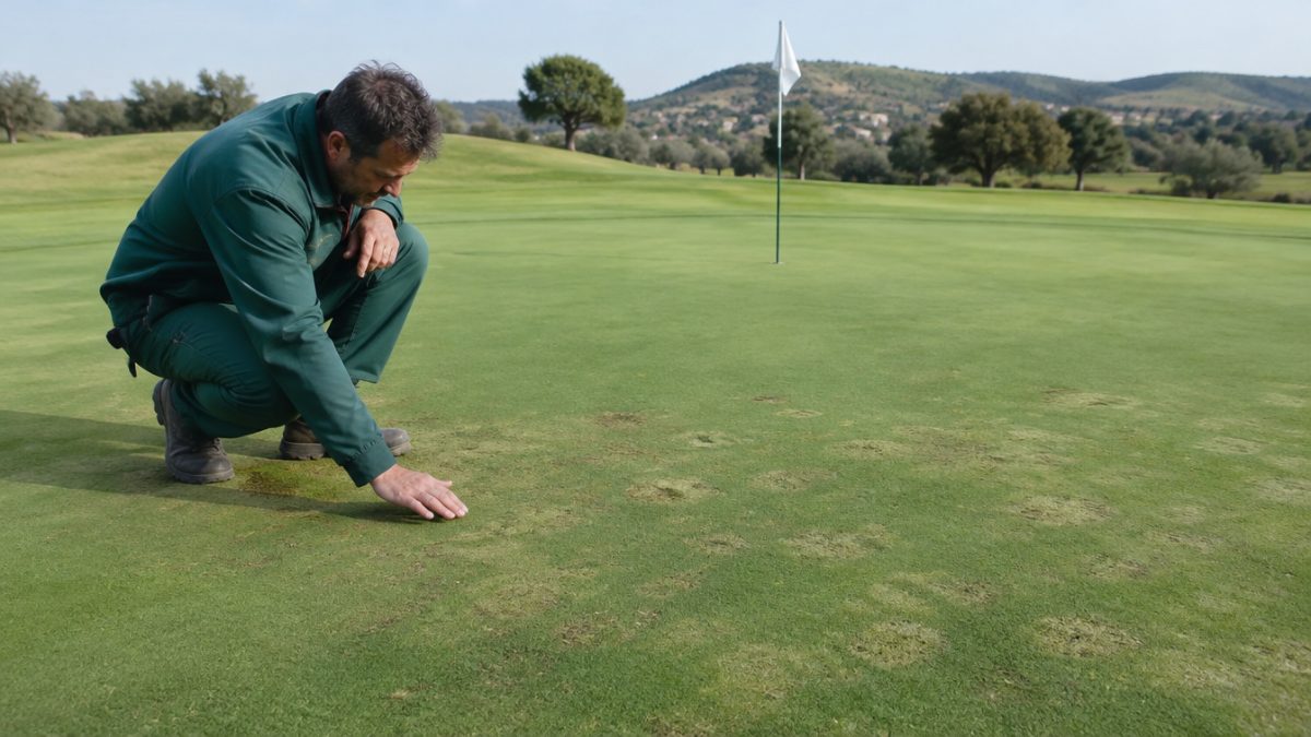 Greenkeeper revisando un green con síntomas de antracnosis del césped