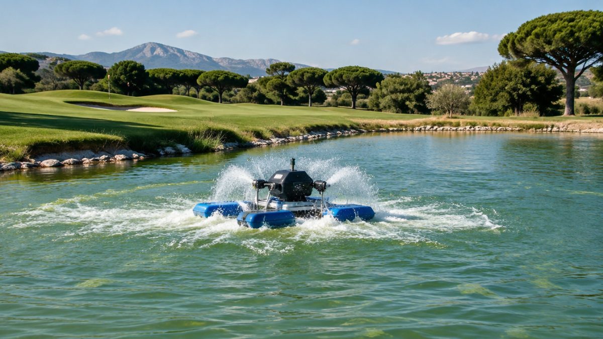 Aireador en un lago como solución para algas en lagos de golf