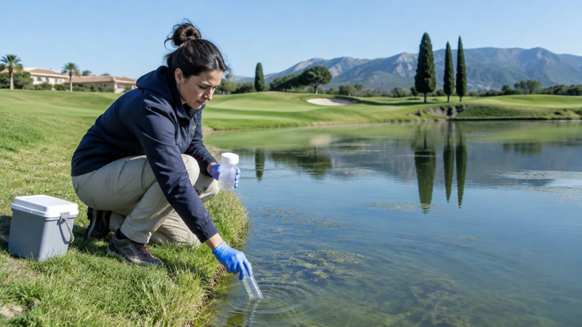 Toma de muestras de agua para controlar algas en lagos de golf