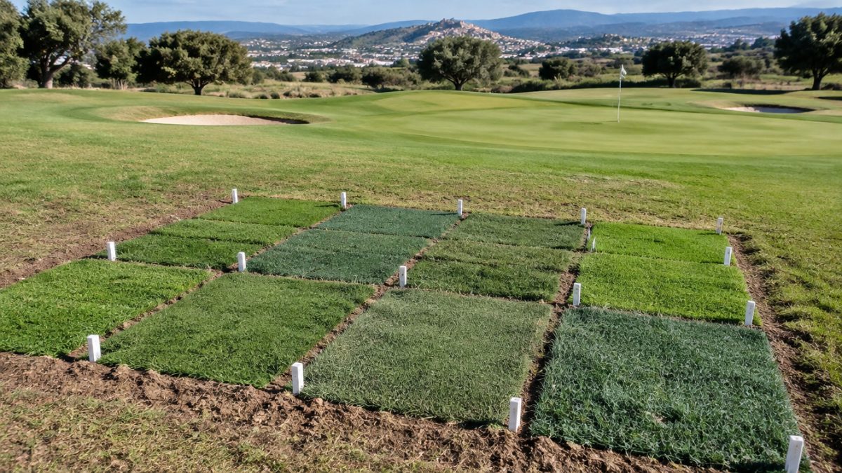 Muestras de distintas especies de césped para greens en un ensayo de campo