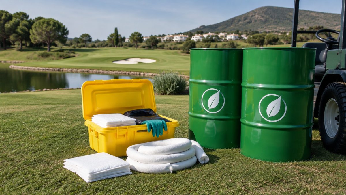 Kit antiderrames junto a bidones de aceite hidráulico biodegradable