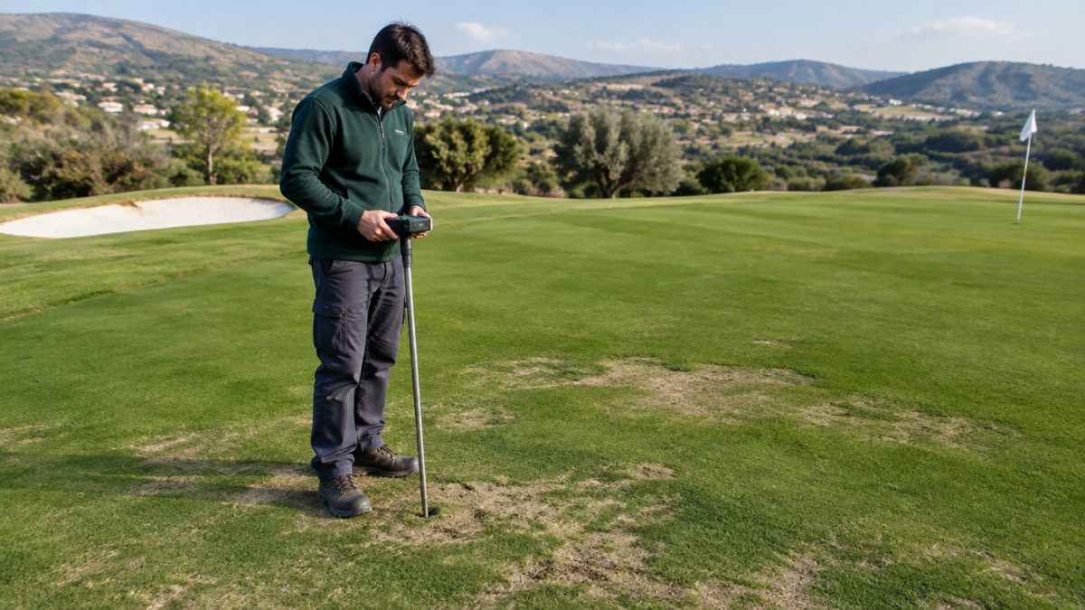 Greenkeeper midiendo humedad en puntos secos localizados con una sonda
