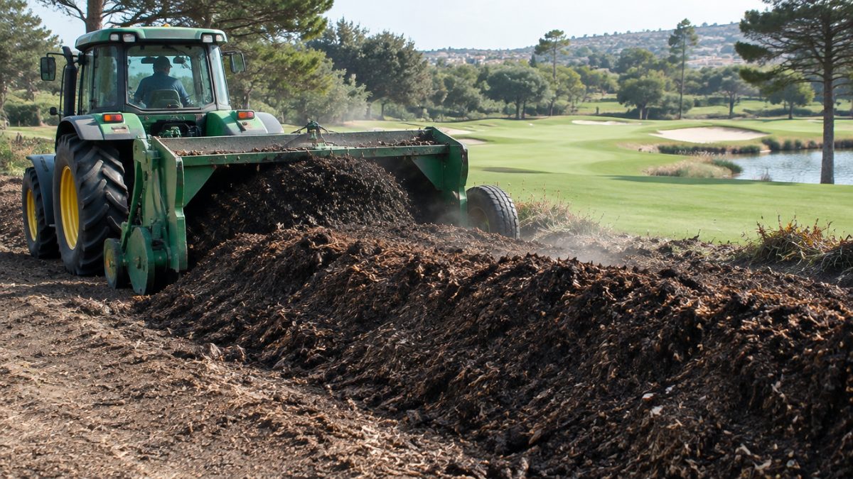 Voltear la pila para producir compost en campos de golf