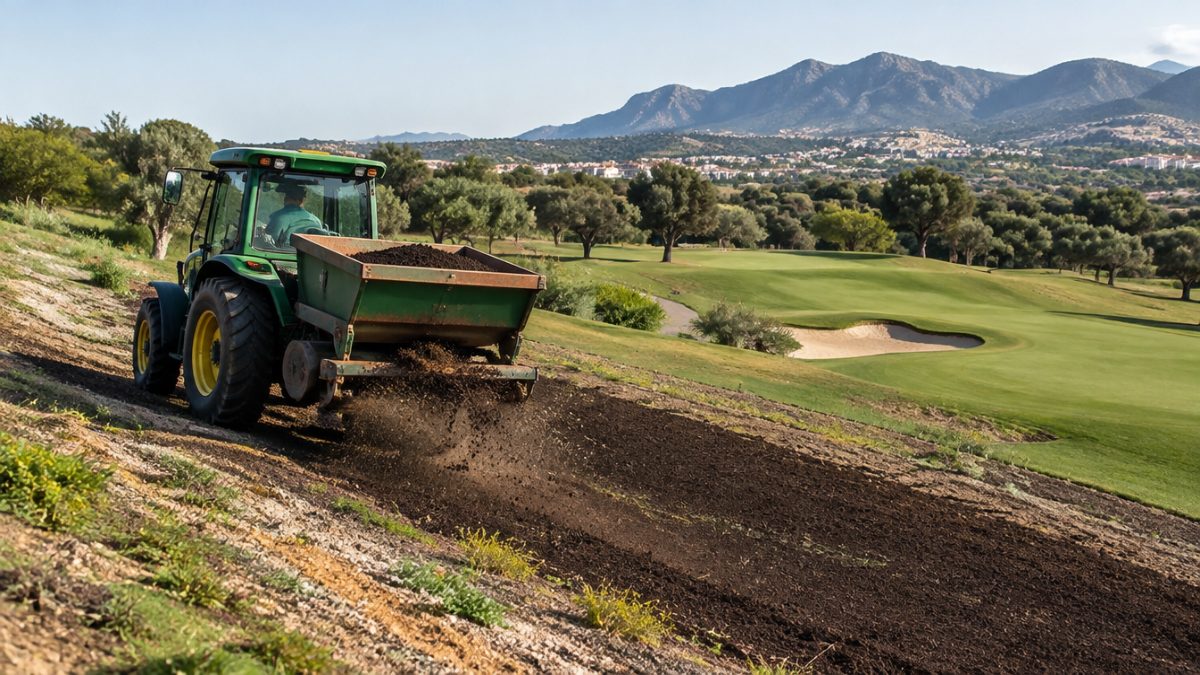 Aplicar compost en campos de golf sobre un talud rehabilitado