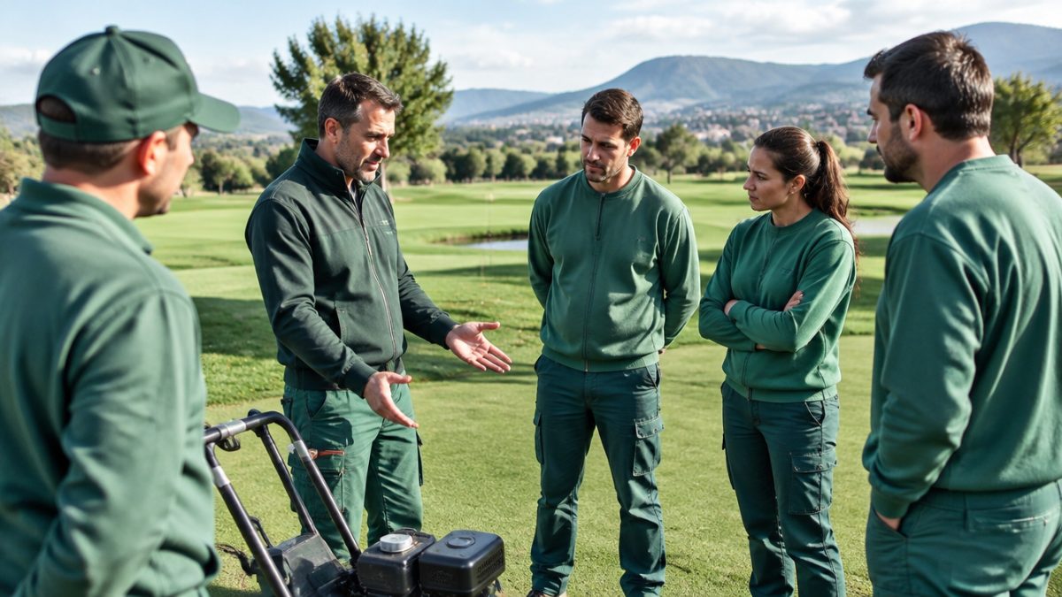 Greenkeeper explicando en la formación del personal de campo