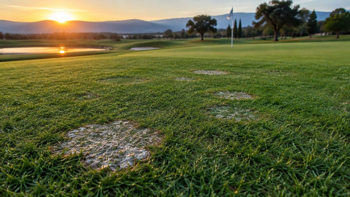 Micelio de dollar spot visible sobre el césped al amanecer