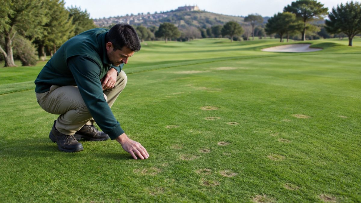 Greenkeeper revisando dollar spot en una calle del campo